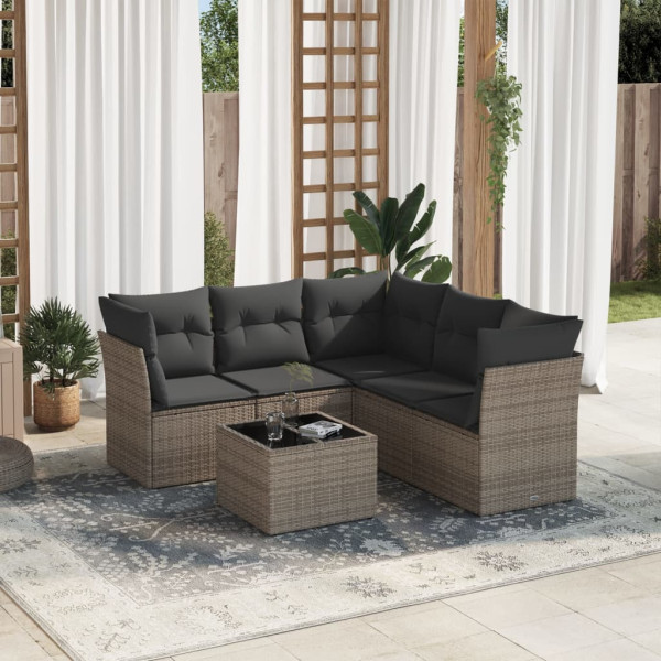 6 pcs conjunto sofás de jardim com almofadões vime cinzento D