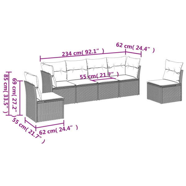 Set de muebles de jardín 6 pzas y cojines ratán sintético gris M 3