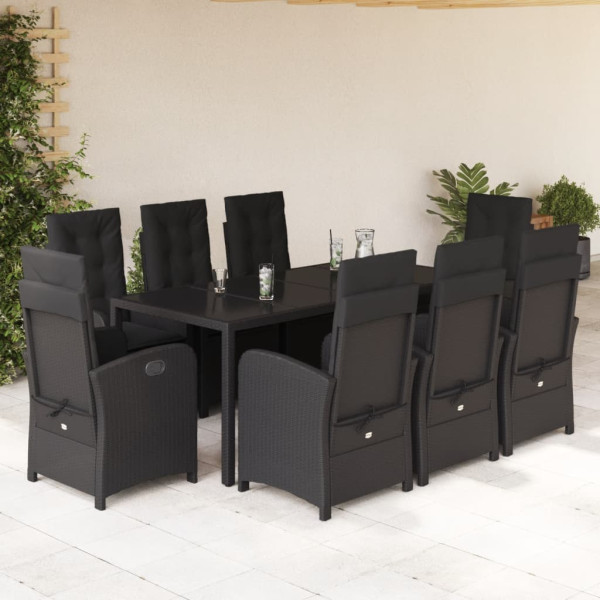 9 pcs conjunto de jantar p/ jardim c/ almofadões vime PE preto D