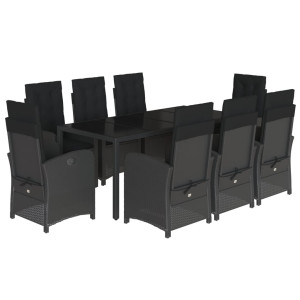 9 pcs conjunto de jantar p/ jardim c/ almofadões vime PE preto H