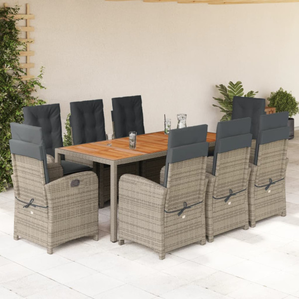 Set comedor jardín 9 pzas y cojines ratán sintético gris D