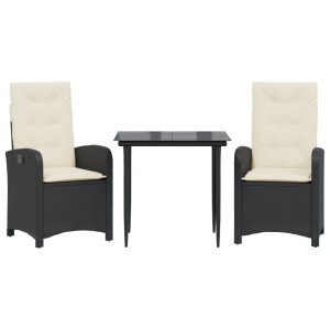 3 pcs conjunto de jantar p/ jardim c/ almofadões vime PE preto H