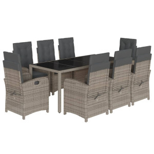 9 pcs conjunto de jantar p/ jardim c/ almofadões vime PE cinza H
