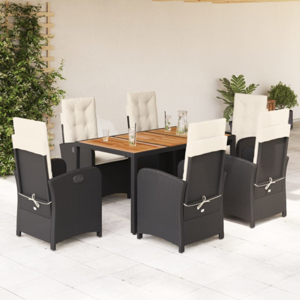 7 pcs conjunto de jantar p/ jardim c/ almofadões vime PE preto D