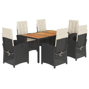 7 pcs conjunto de jantar p/ jardim c/ almofadões vime PE preto H