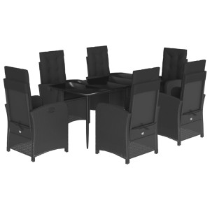 7 pcs conjunto de jantar p/ jardim c/ almofadões vime PE preto H