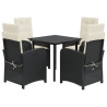 5 pcs conjunto de jantar p/ jardim c/ almofadões vime PE preto 2