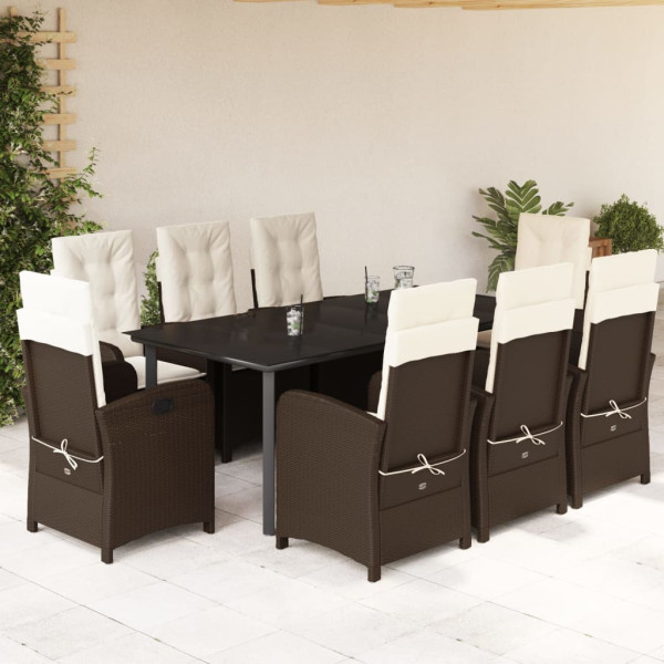 Set comedor para jardín 9 pzas y cojines ratán sintético marrón D