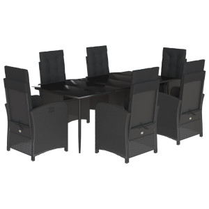 7 pcs conjunto de jantar p/ jardim c/ almofadões vime PE preto H