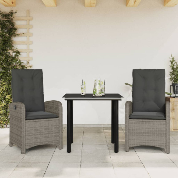 Set comedor de jardín 3 piezas con cojines ratán sintético gris D