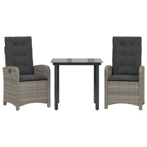 3 pcs conjunto de jantar p/ jardim c/ almofadões vime PE cinza H