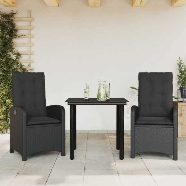 Set comedor de jardín 3 pzas con cojines ratán sintético negro D