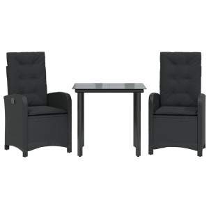 3 pcs conjunto de jantar p/ jardim c/ almofadões vime PE preto H