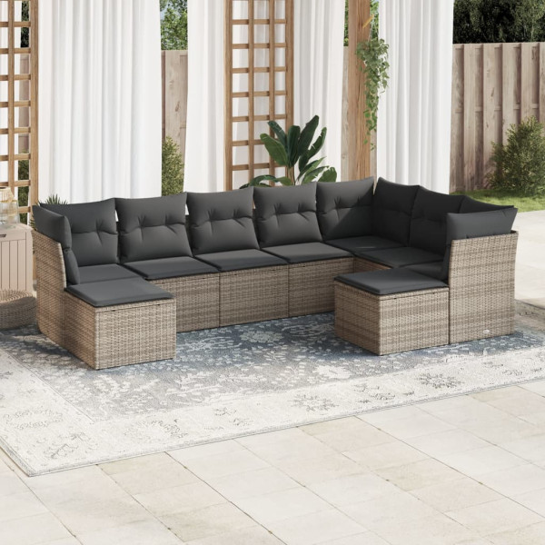 Set de muebles de jardín 9 pzas y cojines ratán sintético gris D