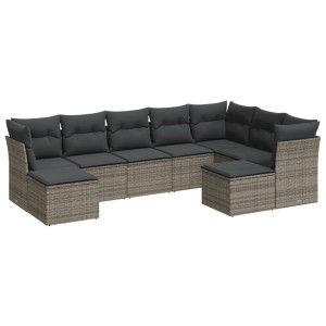 9 pcs conjunto sofás p/ jardim com almofadões vime PE cinzento H