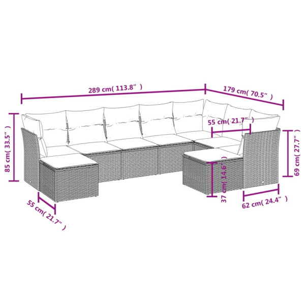 Set de muebles de jardín 9 pzas y cojines ratán sintético gris M 3