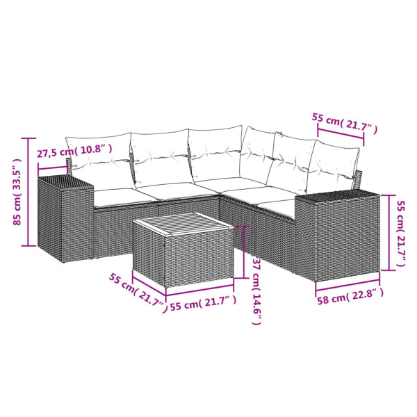 Set de muebles de jardín 6 pzas y cojines ratán sintético gris M 3
