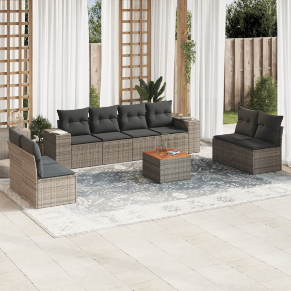 9 pcs conjunto sofás p/ jardim com almofadões vime PE cinzento D