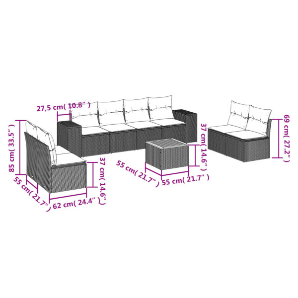 Set de muebles de jardín 9 pzas y cojines ratán sintético gris M 3