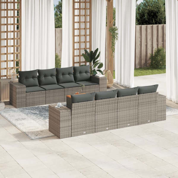9 pcs conjunto sofás p/ jardim com almofadões vime PE cinzento D