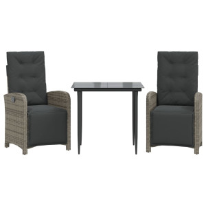 3 pcs conjunto bistrô com almofadões vime PE cinza H