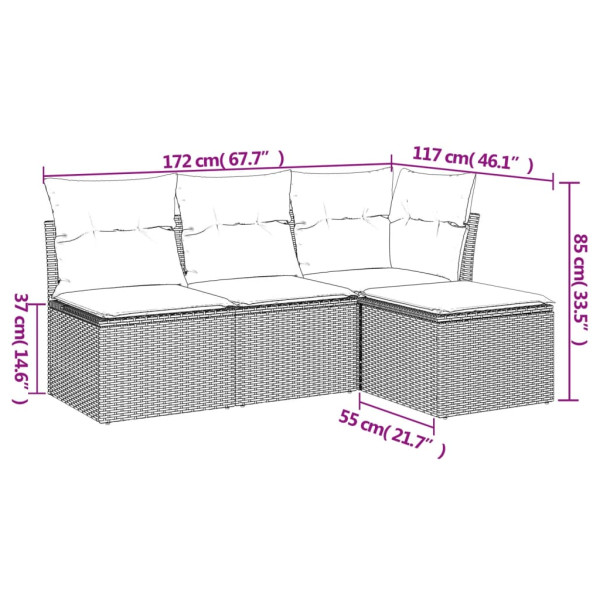 4 pcs conjunto sofás de jardim c/ almofadões vime PE cinzento M 3