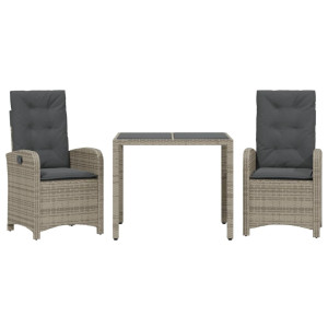 3 pcs conjunto de jantar p/ jardim c/ almofadões vime PE cinza H