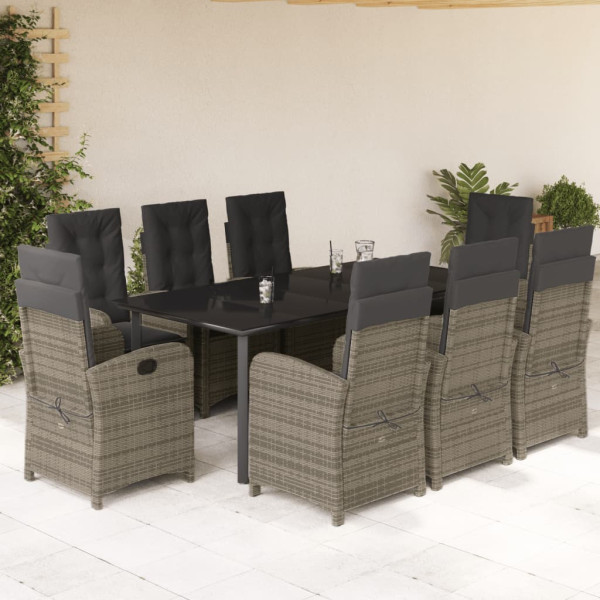 Set comedor jardín 9 pzas y cojines ratán sintético gris D