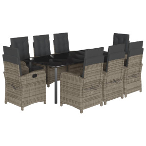 9 pcs conjunto de jantar p/ jardim c/ almofadões vime PE cinza H