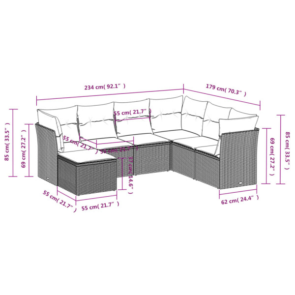 7 pcs conjunto sofás p/ jardim c/ almofadões vime PE cinzento M 3