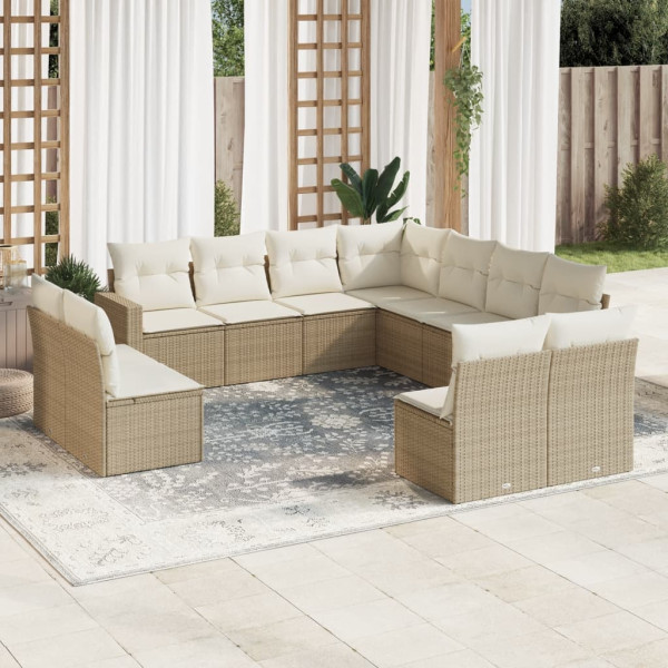 Set de sofás de jardín 11pzas con cojines ratán sintético beige D
