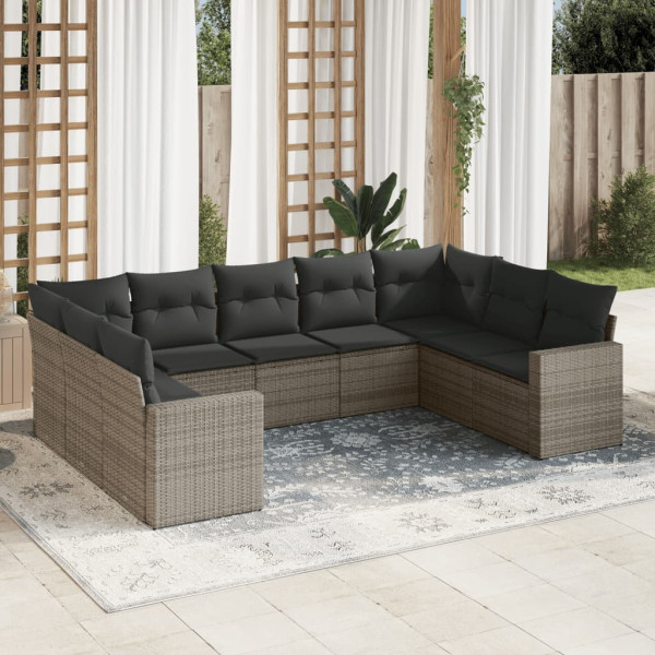 Set de muebles de jardín 9 pzas y cojines ratán sintético gris D