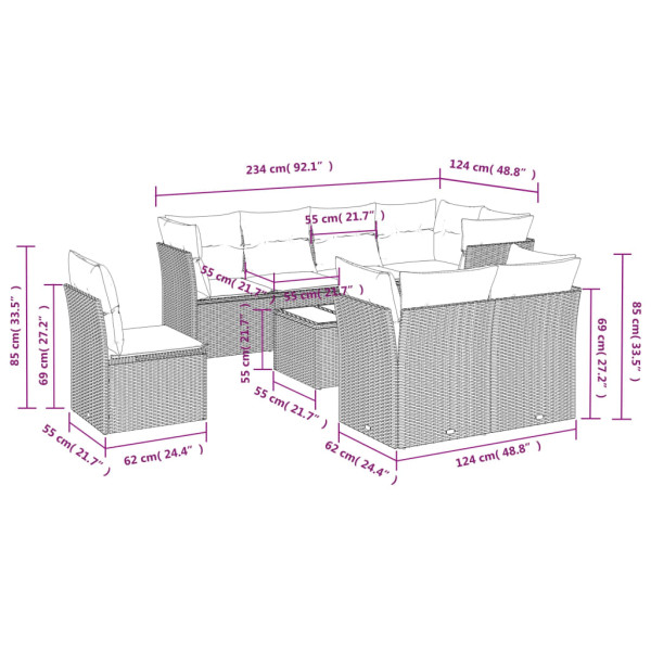 Set de muebles de jardín 9 pzas y cojines ratán sintético gris M 3
