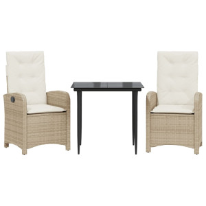 3 pcs conjunto de jantar p/ jardim com almofadões vime PE bege H