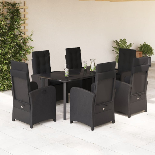 7 pcs conjunto de jantar p/ jardim c/ almofadões vime PE preto D