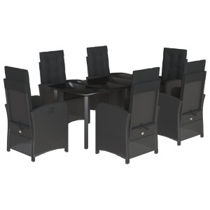 7 pcs conjunto de jantar p/ jardim c/ almofadões vime PE preto H