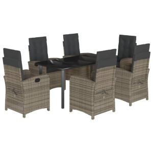 7 pcs conjunto de jantar p/ jardim c/ almofadões vime PE cinza H