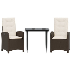 3 pcs conjunto jantar p/ jardim c/ almofadões vime PE castanho H
