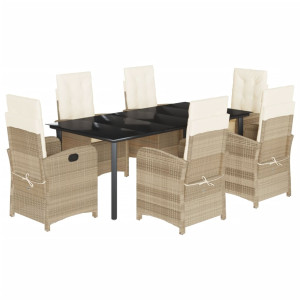 7 pcs conjunto de jantar p/ jardim com almofadões vime PE bege H