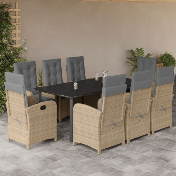 Set comedor de jardín 9 pzas con cojines ratán sintético beige D