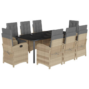 9 pcs conj. jantar jardim c/ almofadões vime PE bege misturado H