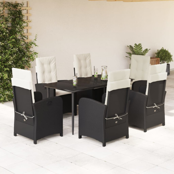 7 pcs conjunto de jantar p/ jardim c/ almofadões vime PE preto D