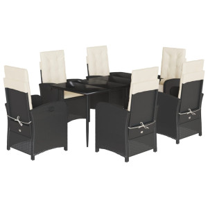 7 pcs conjunto de jantar p/ jardim c/ almofadões vime PE preto H