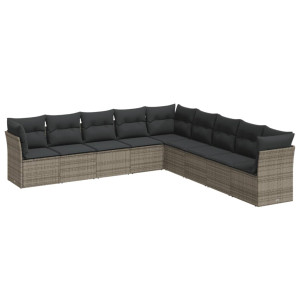 9 pcs conjunto sofás p/ jardim com almofadões vime PE cinzento H
