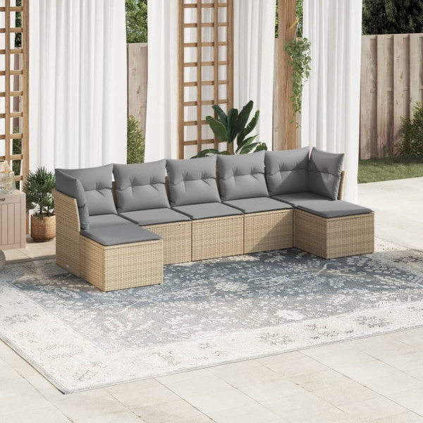 Set sofás de jardín 7 piezas y cojines ratán sintético beige D