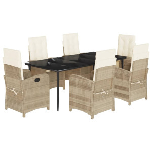 7 pcs conjunto de jantar p/ jardim com almofadões vime PE bege H