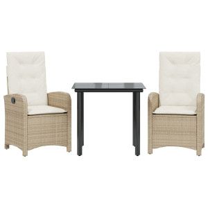 3 pcs conjunto de jantar p/ jardim com almofadões vime PE bege H
