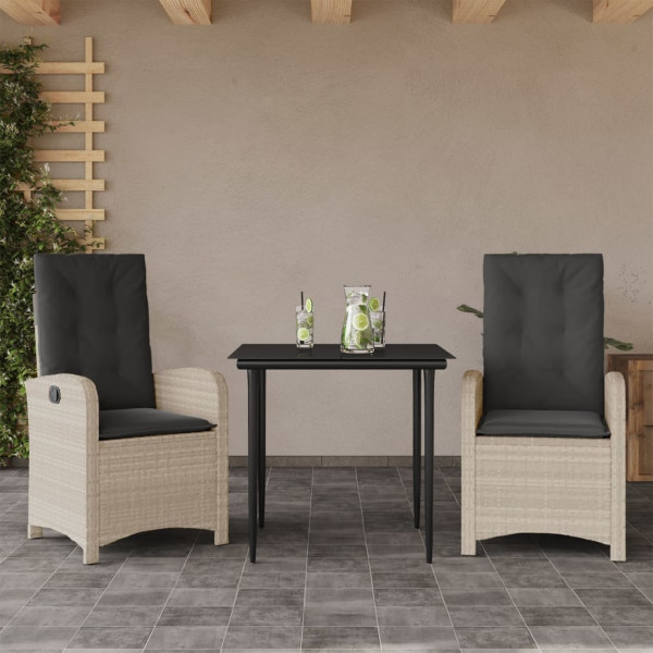Set comedor de jardín 3 pzas cojines ratán sintético gris claro D