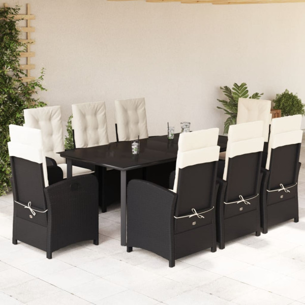 Set de comedor de jardín 9 pzas y cojines ratán sintético negro D