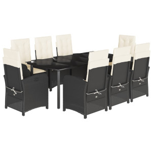 9 pcs conjunto de jantar p/ jardim c/ almofadões vime PE preto H